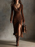 Retro Eco-friendly Suede Lace Splicing Slit Midi Dress