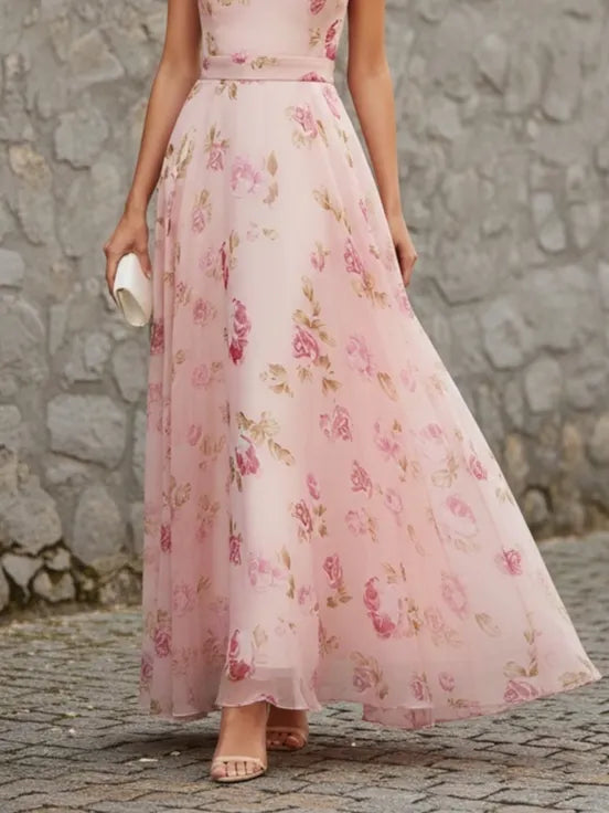 Pink Classic Floral Halter Short Sleeve A-Line Maxi Dress