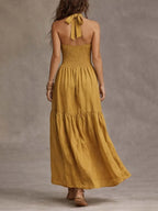 Bohemian Cotton-Linen Halter Smocked Tiered Maxi Dress