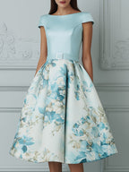 Elegant Boat Neck Cap Sleeve A-Line Midi Dress