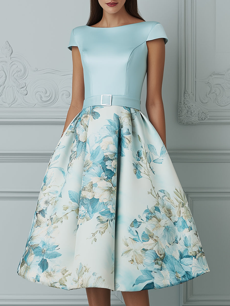 Elegant Boat Neck Cap Sleeve A-Line Midi Dress