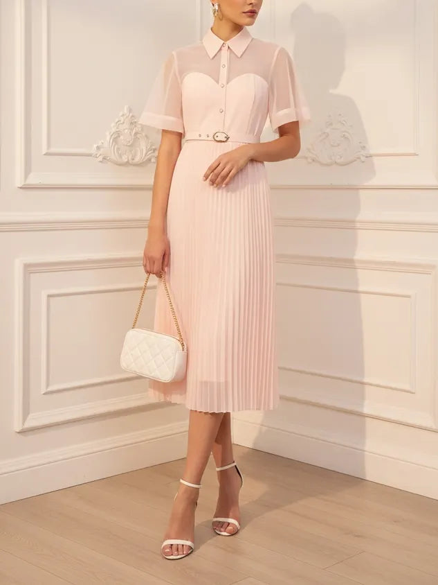 Pink Pleated Classic Shirt Collar Short Sleeve A-Line Midi Dress