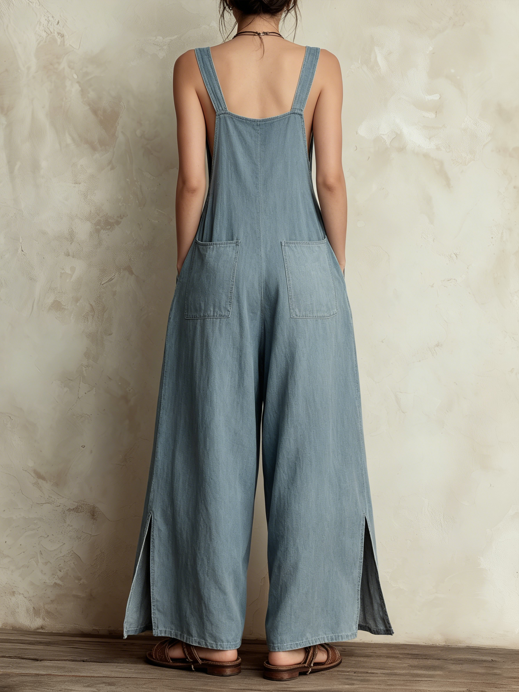 Light Wash Denim Wide-Leg Overalls - Loose Fit Jumpsuit With Pockets