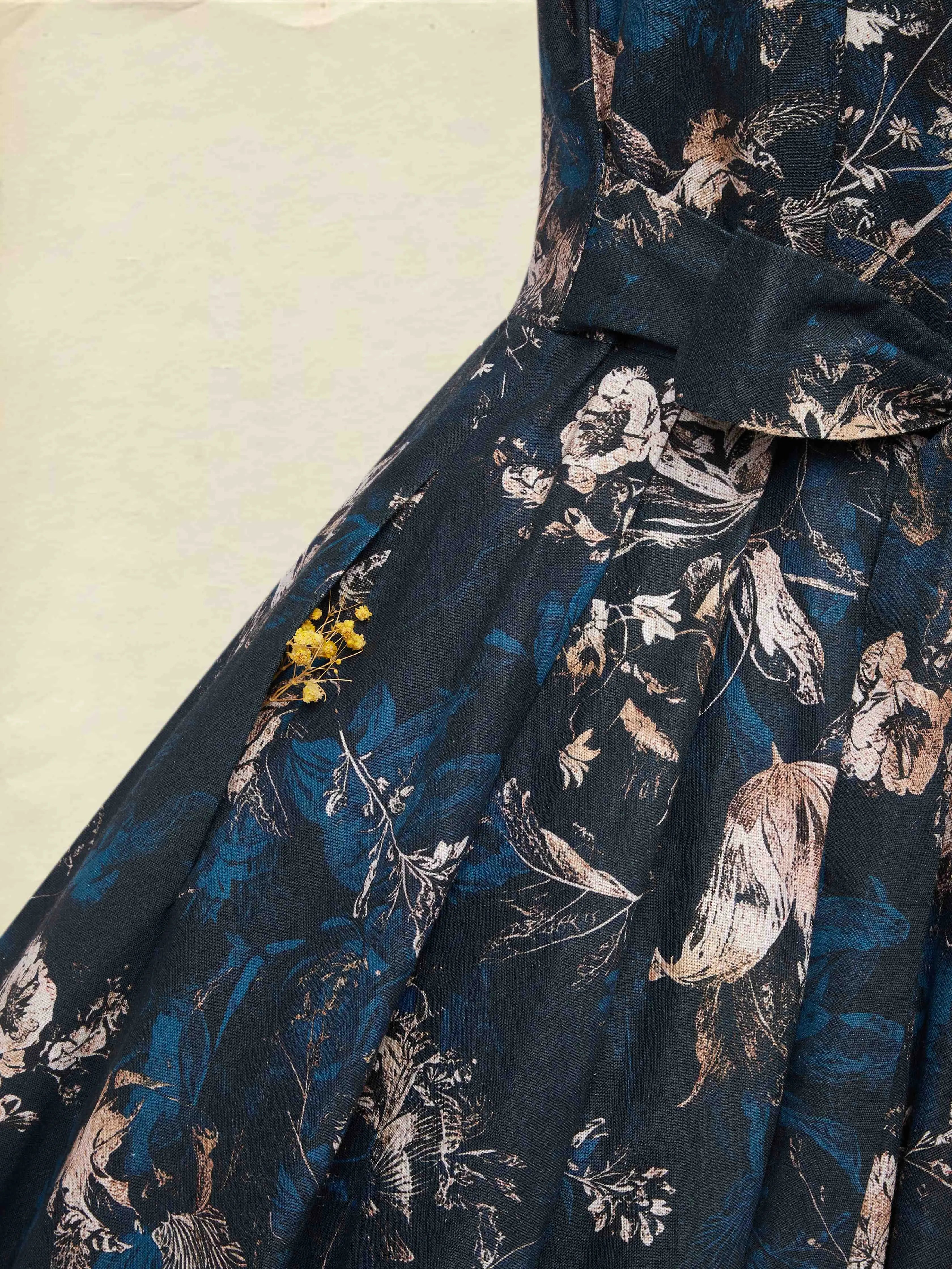 Midi Linen Dress, Long Sleeves, V Neck, Floral, Button Design, Vintage, Deep Blue