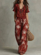 Casual Ruffled-collar Top And Printed Trousers Two-piece Set