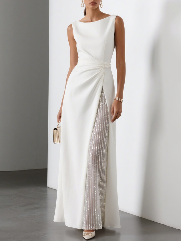 White Sequin Ruched Classic Boat Neck Sleeveless A-Line Midi Dress