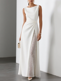 White Sequin Ruched Classic Boat Neck Sleeveless A-Line Midi Dress