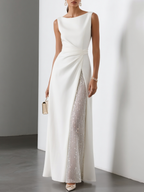 White Sequin Ruched Classic Boat Neck Sleeveless A-Line Midi Dress