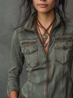 Retro Washed Contrast Zipper Denim Blouse
