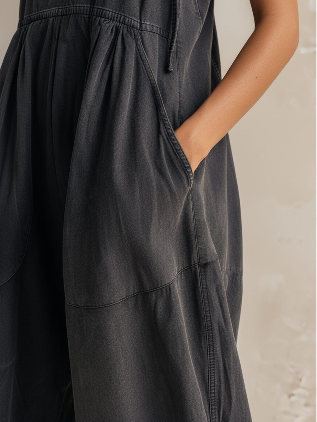 Washed Dark Gray Tencel Denim Tie Strap Harem Jumpsuit