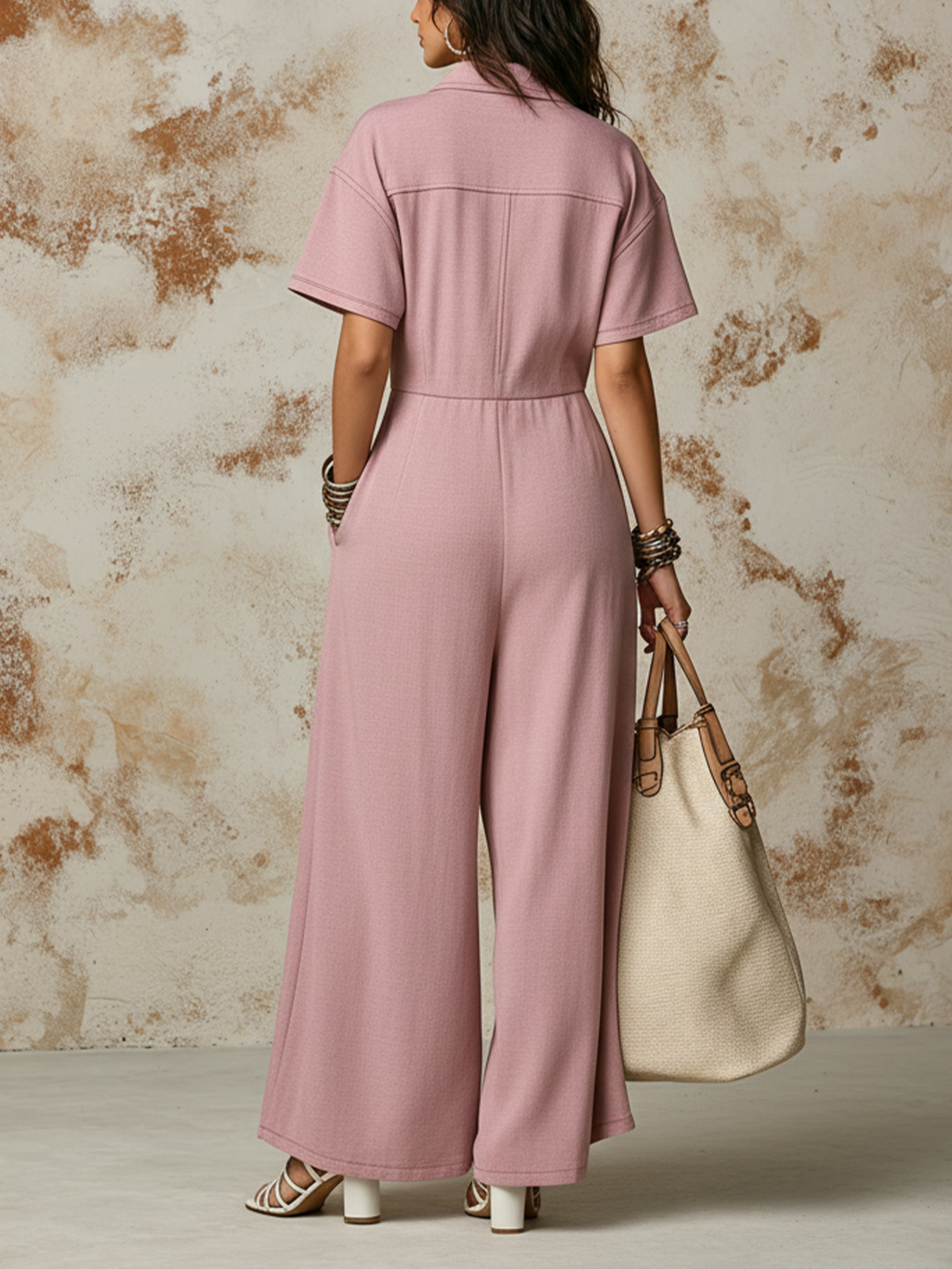 Dusty Pink Linen-Blend Utility Pocket Wide-Leg Jumpsuit
