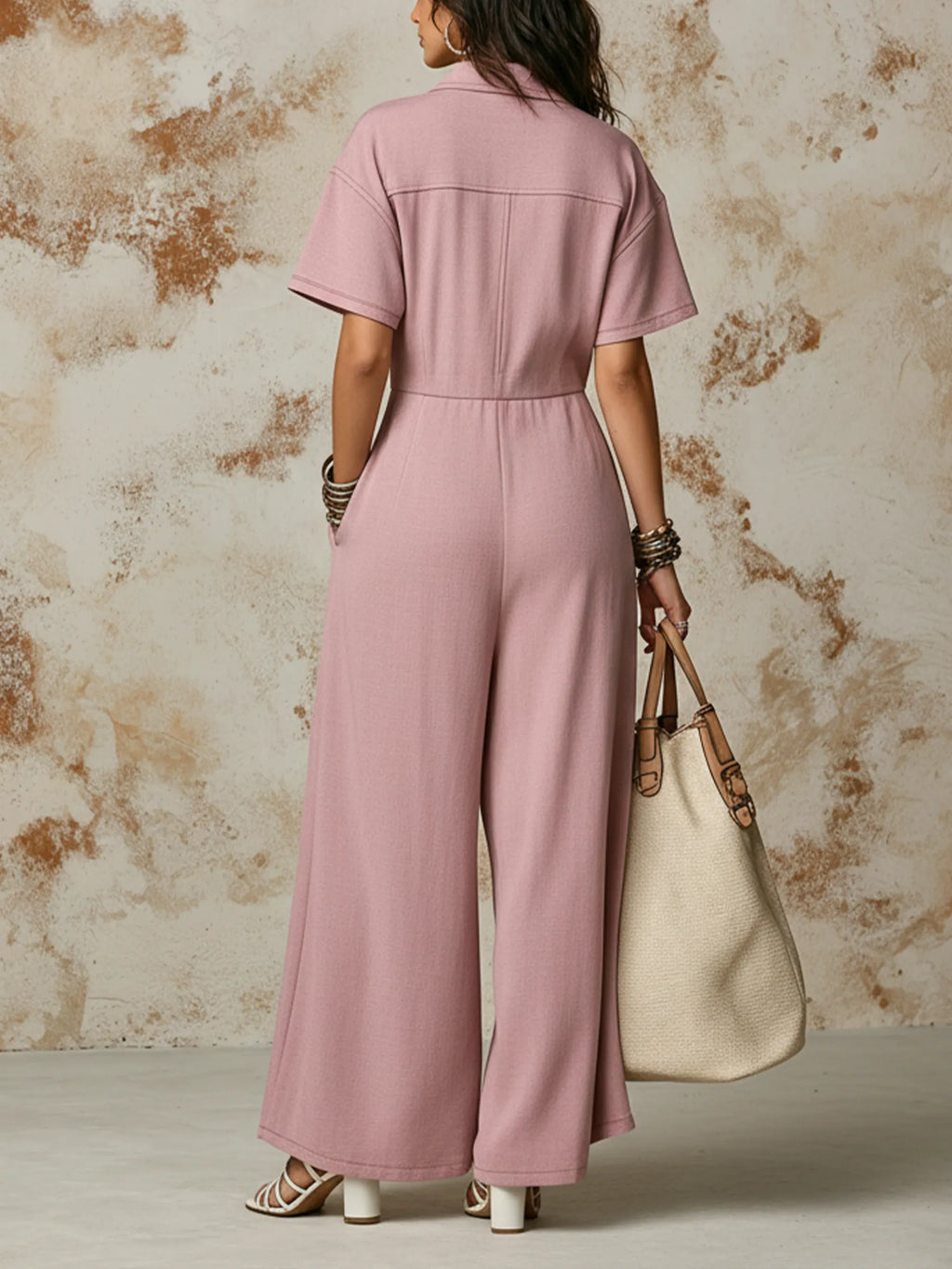 Dusty Pink Linen-Blend Utility Pocket Wide-Leg Jumpsuit