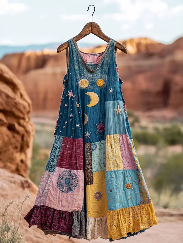 Summer vacation loose patchwork cotton and linen dress 70d1
