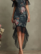 Vintage Floral Satin  Maxi Dress With Chiffon Fishtail Hem