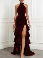 Burgundy Ruched Peplum Velvet Halter Sleeveless A-Line Gown Dress