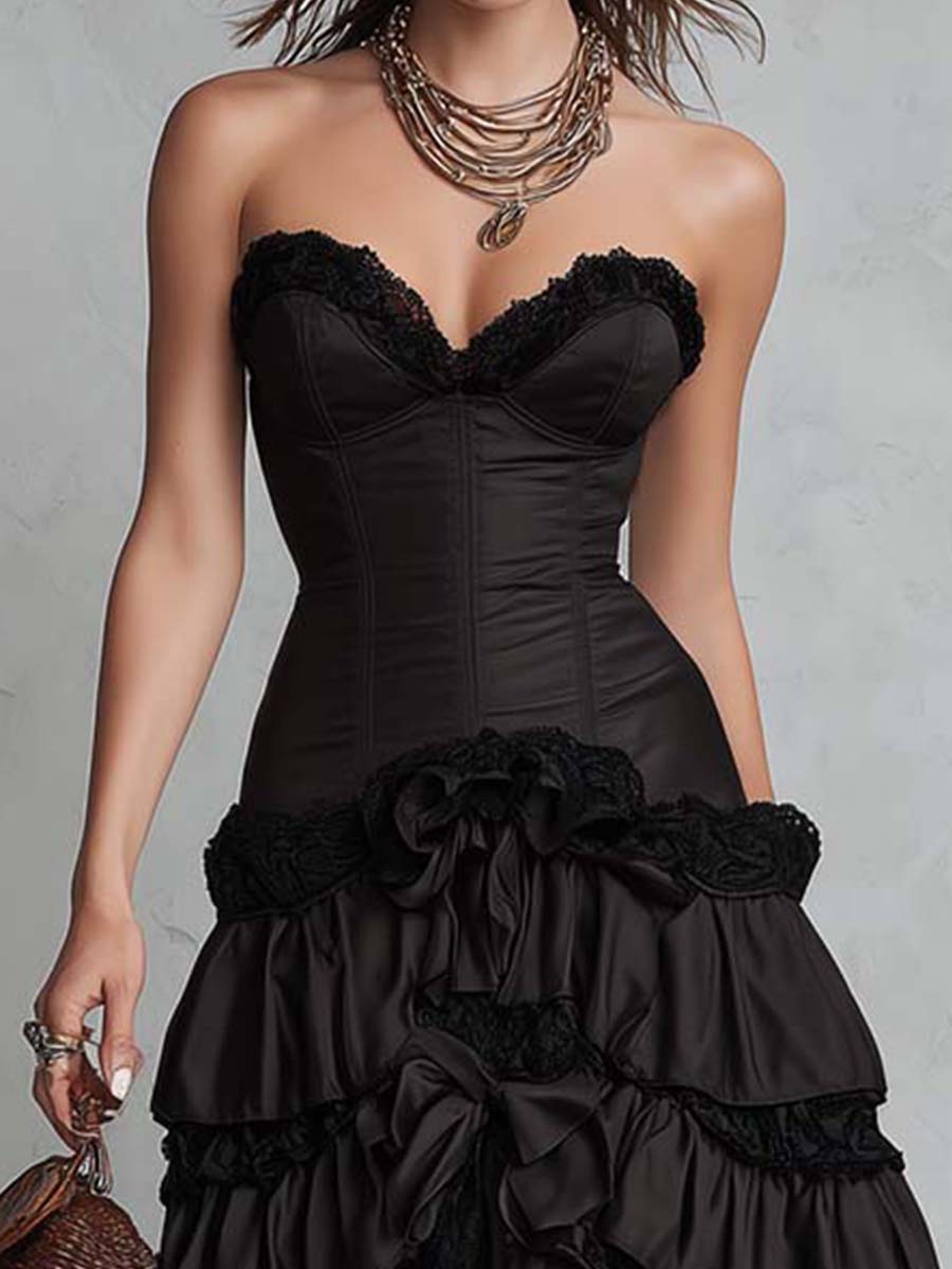 Elegant Vintage Boho Ruffle Corset Midi Dress