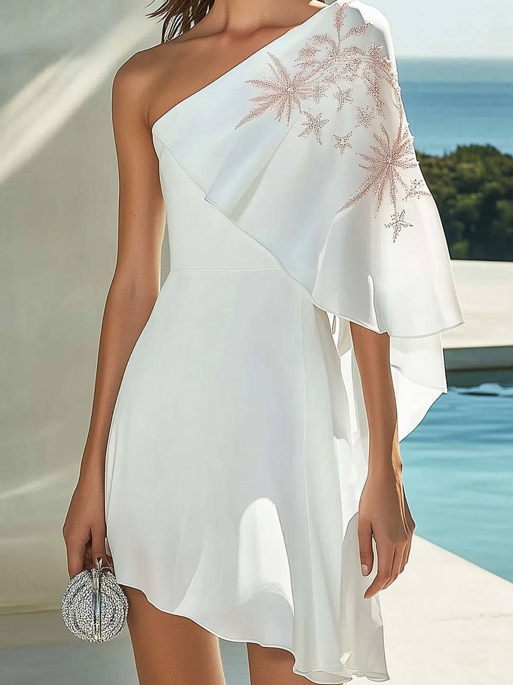 Modern White Chiffon Dress with Pink Shoulder Embroidery