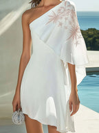 Modern White Chiffon Dress with Pink Shoulder Embroidery