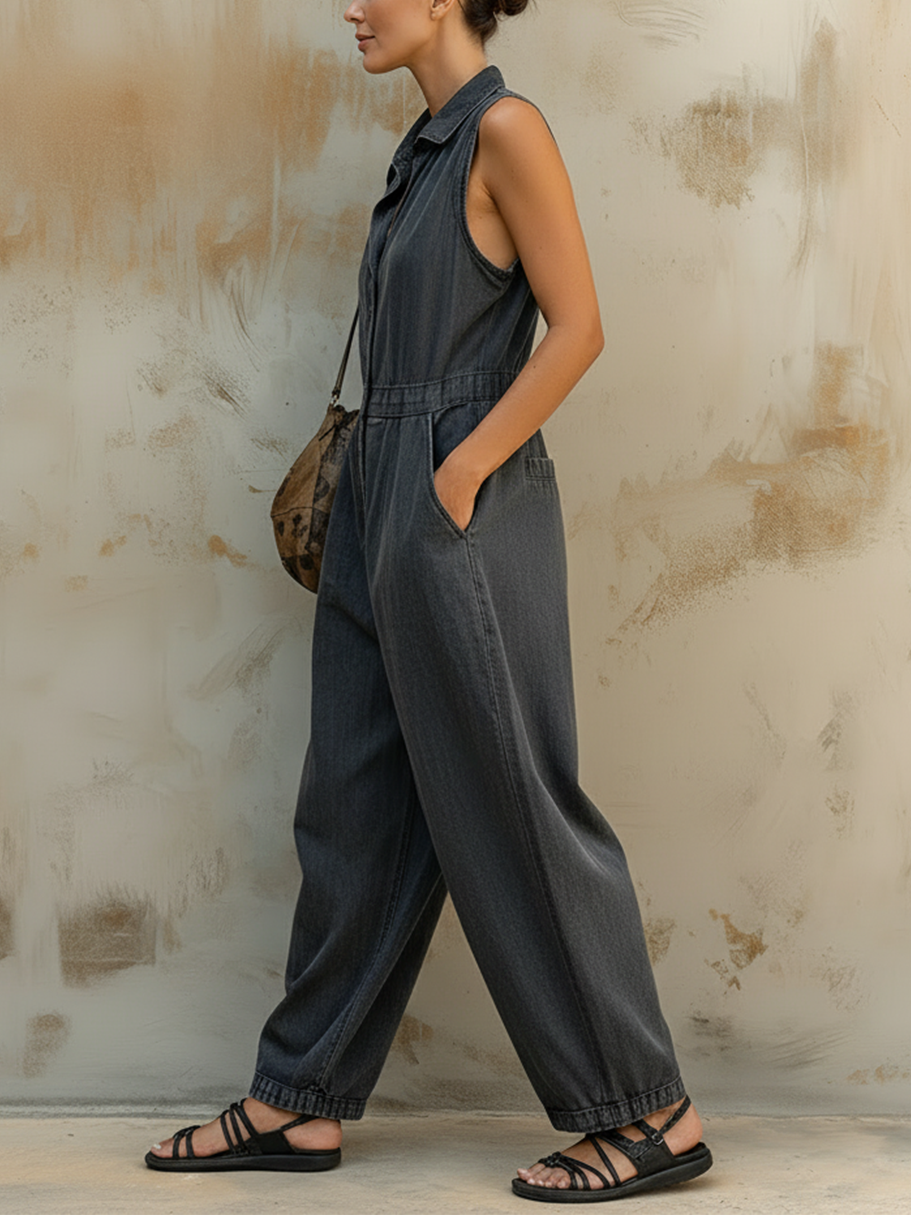 Dark Wash Denim Sleeveless Utility Jumpsuit With Collared Neck