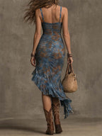 Tie-Dye Print Ruched Midi Dress With Ruffled Asymmetrical Hem