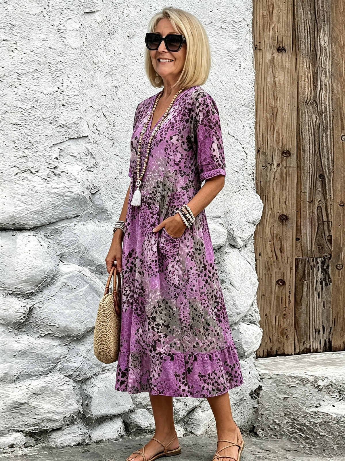 Vacation DRESS Women's Short Sleeve Summer Leopard Lace Dress V Neck Daily Going Out Casual Knee Length A-Line Khaki