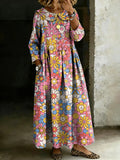 Women's Retro Multicolor Floral Art Splicing Long-sleeved Loose-fitting Casual Denim Dress