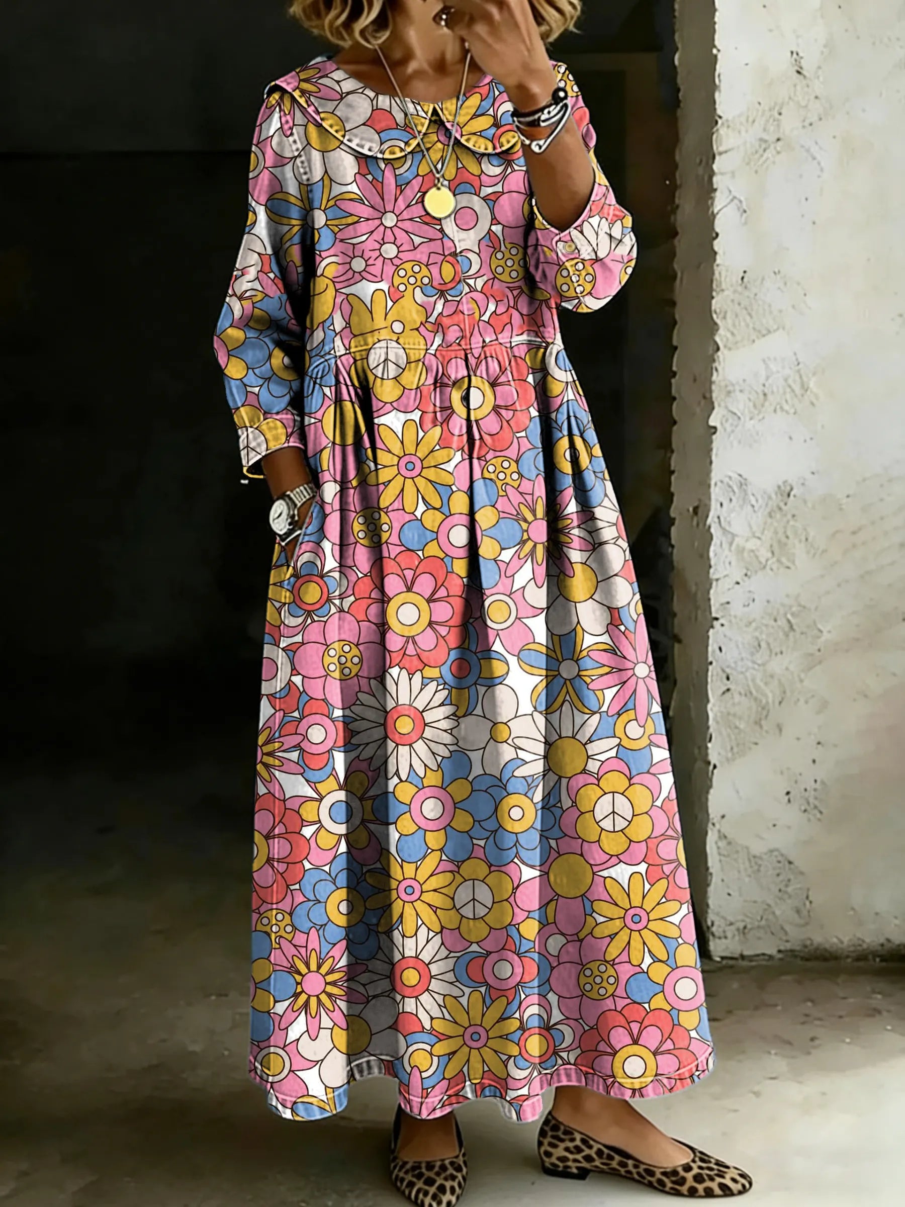 Women's Retro Multicolor Floral Art Splicing Long-sleeved Loose-fitting Casual Denim Dress