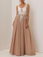 Apricot Lace Prom Dress V Neck Sleeveless A-Line Maxi Mother of the Bride or Groom Dress