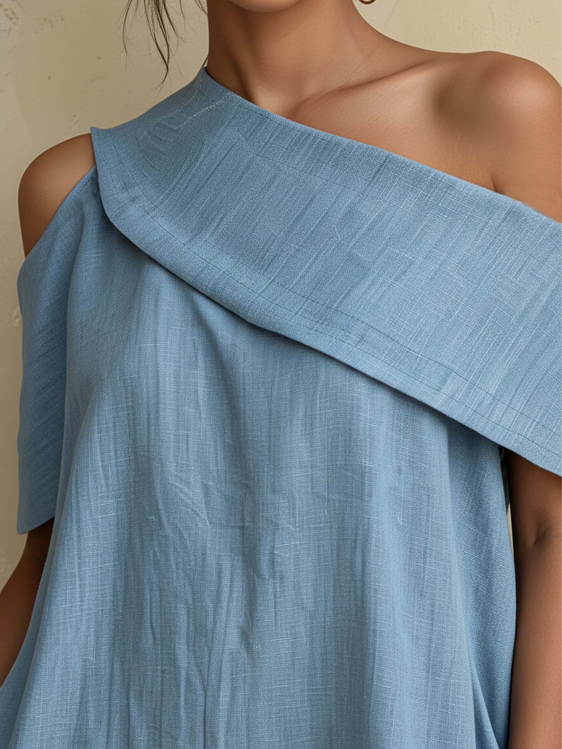 Light Blue Tencel Denim Asymmetrical One Shoulder Maxi Dress