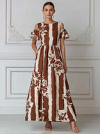 Earthy Striped Floral Print Cold-Shoulder Maxi Dress