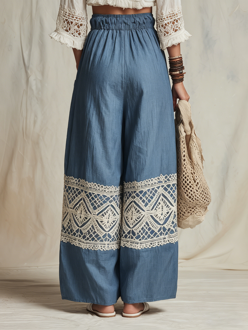 Blue Boho Linen Harem Pants with Crochet Lace Trim | Relaxed Fit Casual Trousers