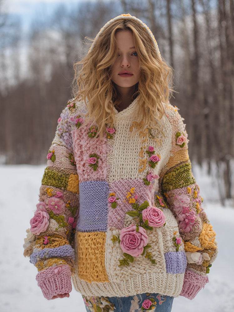 Women's Vintage Floral Patchwork Art Knit Jacquard Hooded Sweater