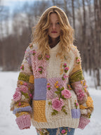 Women's Vintage Floral Patchwork Art Knit Jacquard Hooded Sweater