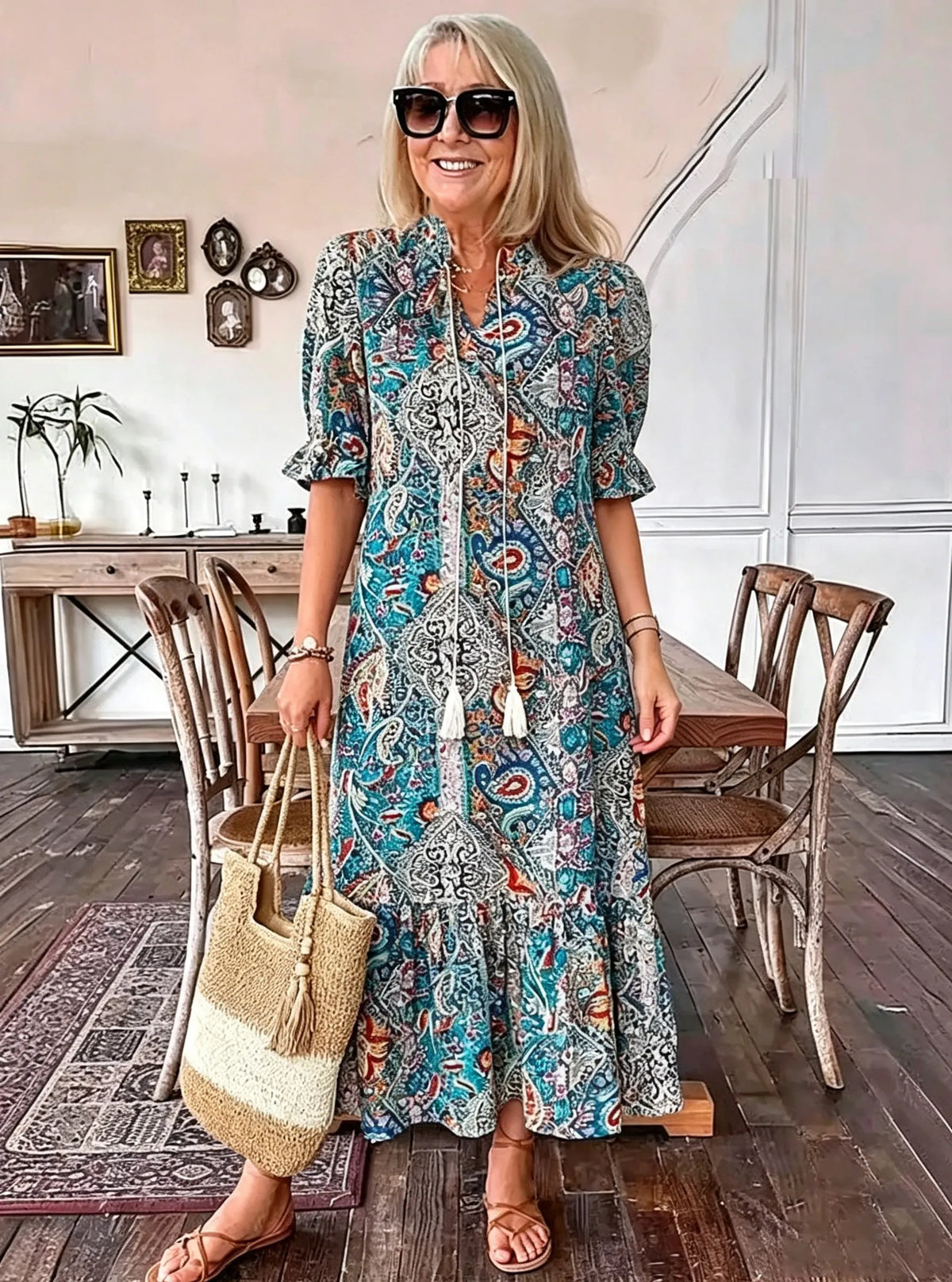Vacation DRESS Paisley Bohemian Long Length Vintage Print Tassel Tie Neck Tunic Dress - Elegant Vacation Style with Drawstring, Ruffle Hem, and Random Printing