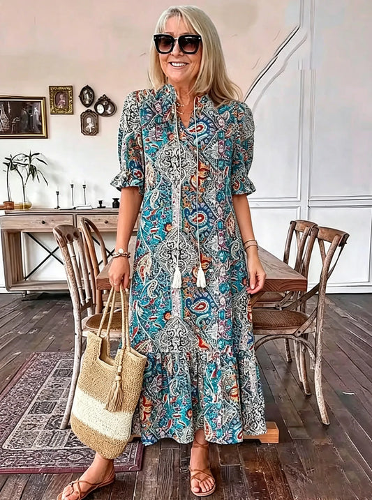 Vacation DRESS Paisley Bohemian Long Length Vintage Print Tassel Tie Neck Tunic Dress - Elegant Vacation Style with Drawstring, Ruffle Hem, and Random Printing