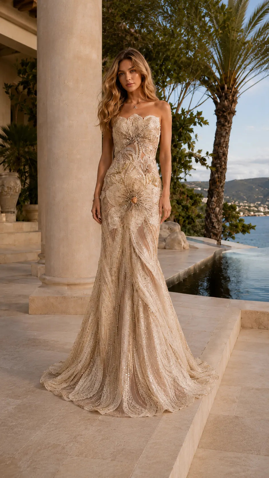 Gradient Floral Mermaid Train Evening Gown