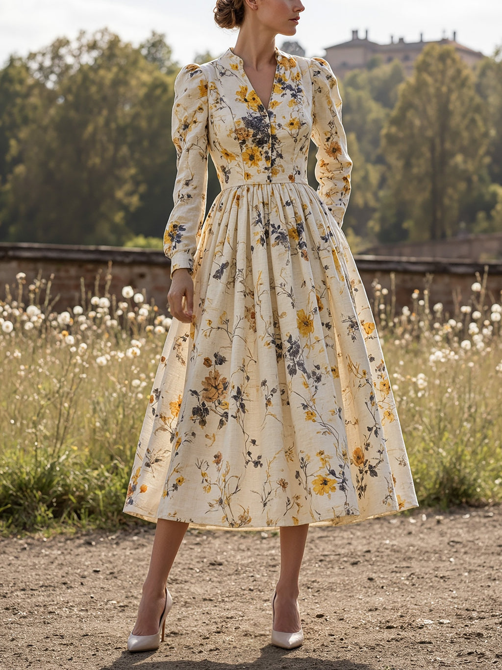 Midi Linen Dress, Long Sleeves, V Neck, Floral, Button Design, Vintage, Apricot