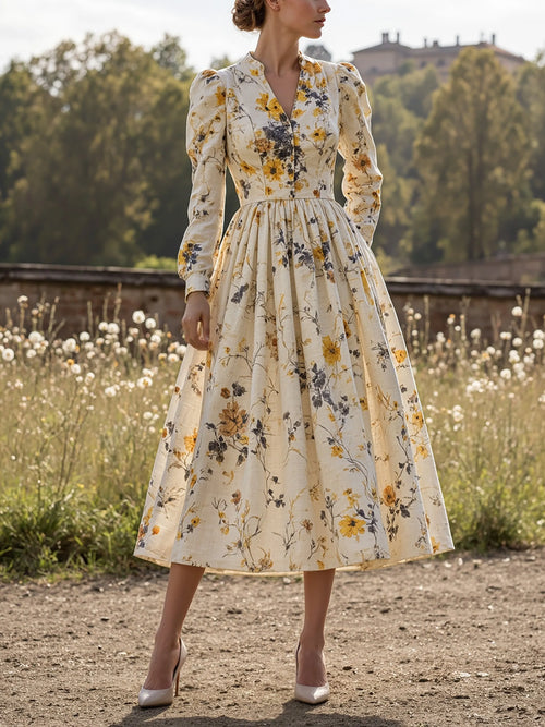 Midi Linen Dress, Long Sleeves, V Neck, Floral, Button Design, Vintage, Apricot