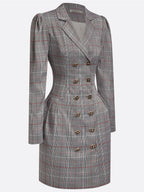 Gray Buckle Shoulder Pad Blazer Lapel Collar Long Sleeve A-Line Mini Dress