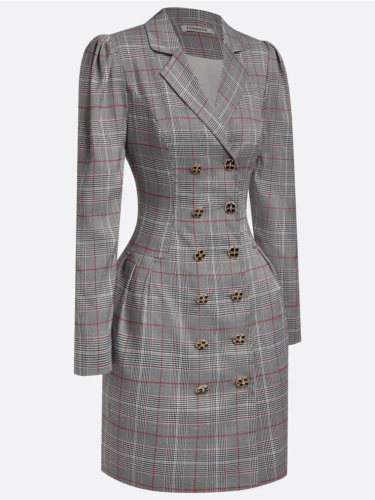 Gray Buckle Shoulder Pad Blazer Lapel Collar Long Sleeve A-Line Mini Dress