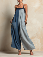 Color-Block Tencel Denim Jumpsuit – Two-Tone Wide-Leg Style