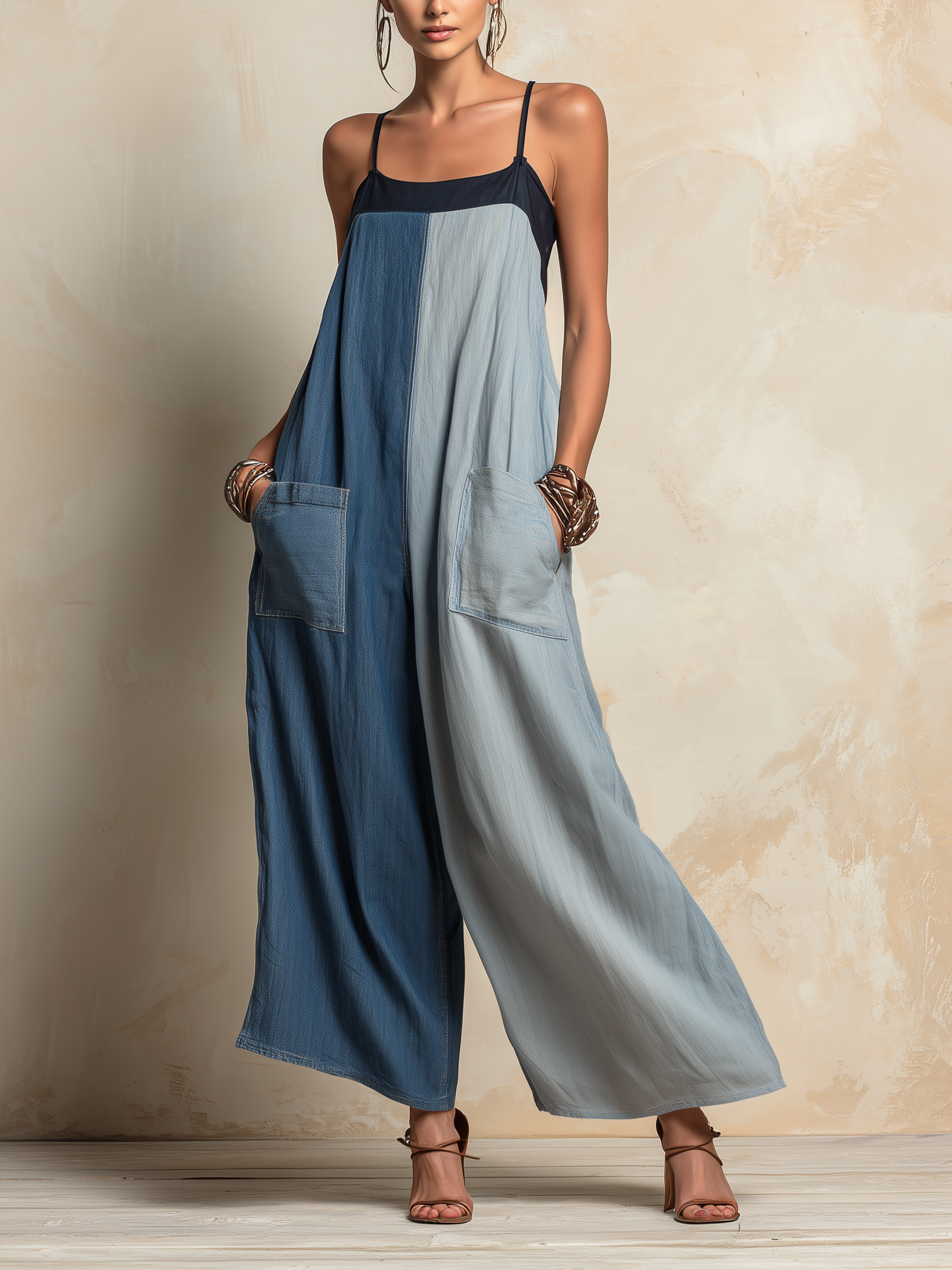 Color-Block Tencel Denim Jumpsuit – Two-Tone Wide-Leg Style