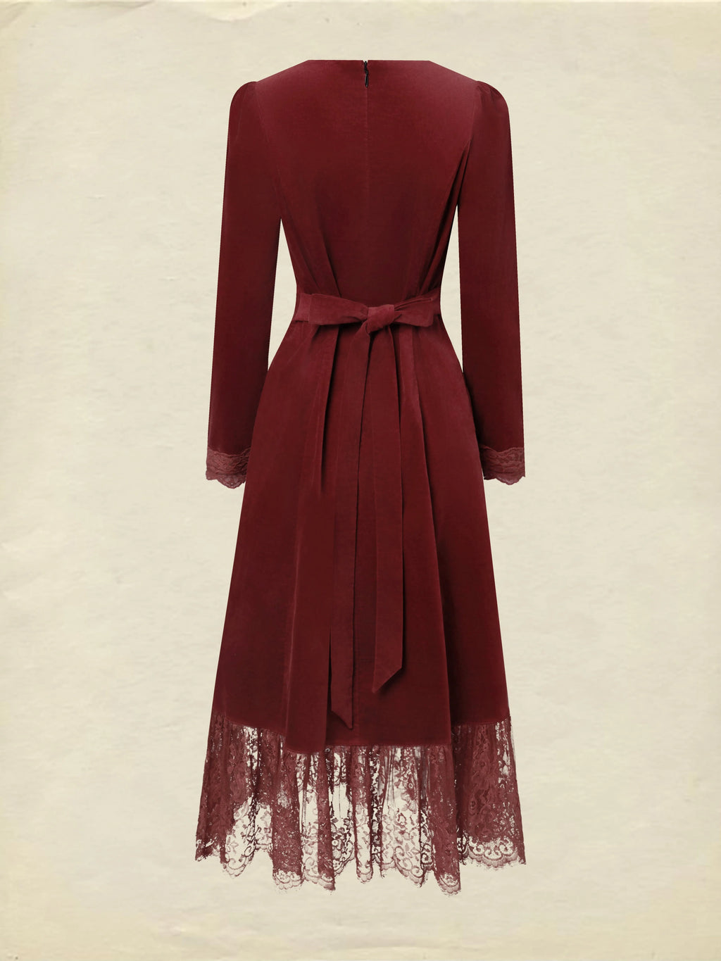 Midi Cotton Dress, Long Sleeves, Scoop Neck, Plain, Lace, Vintage, Red
