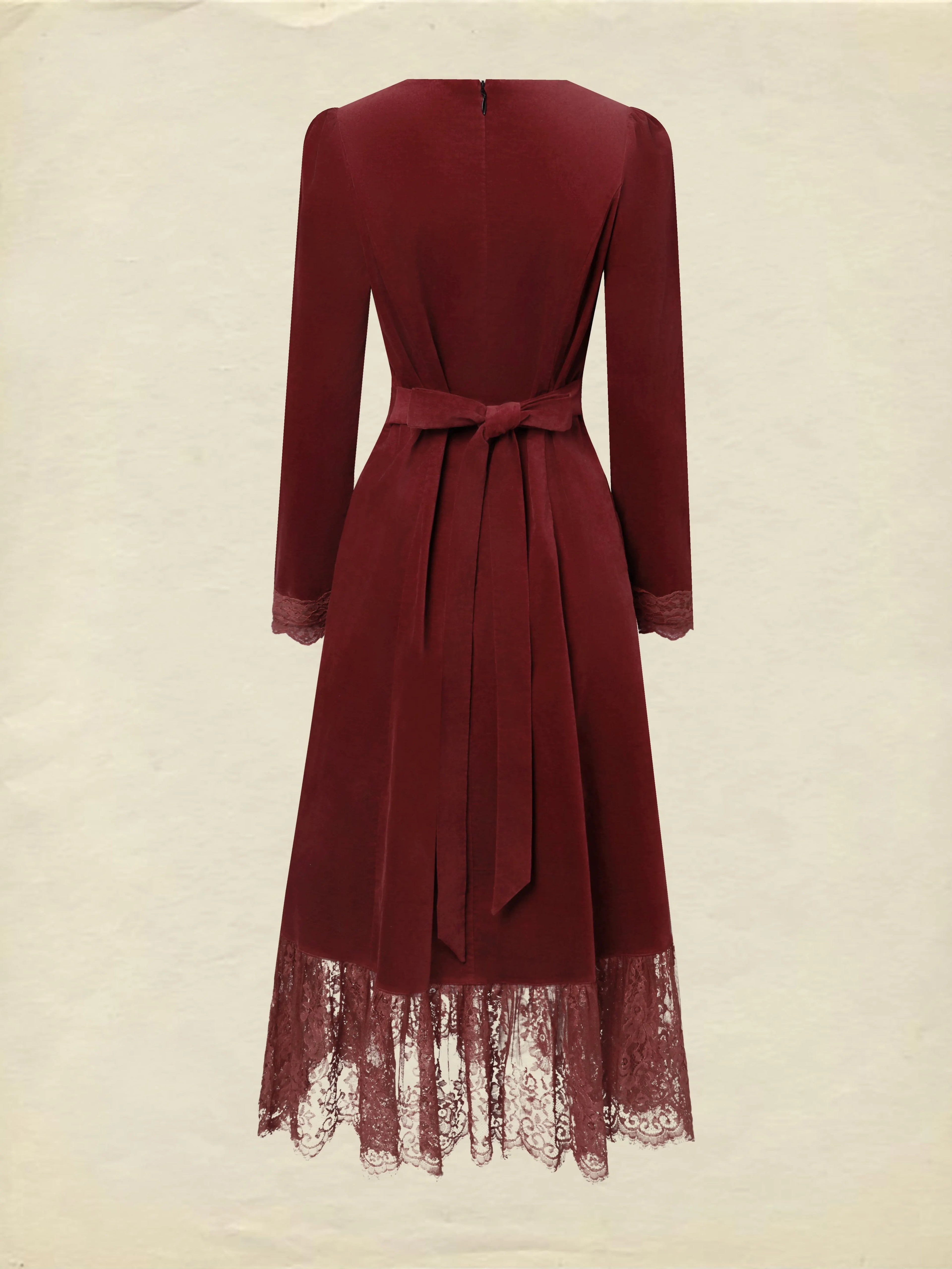 Midi Cotton Dress, Long Sleeves, Scoop Neck, Plain, Lace, Vintage, Red