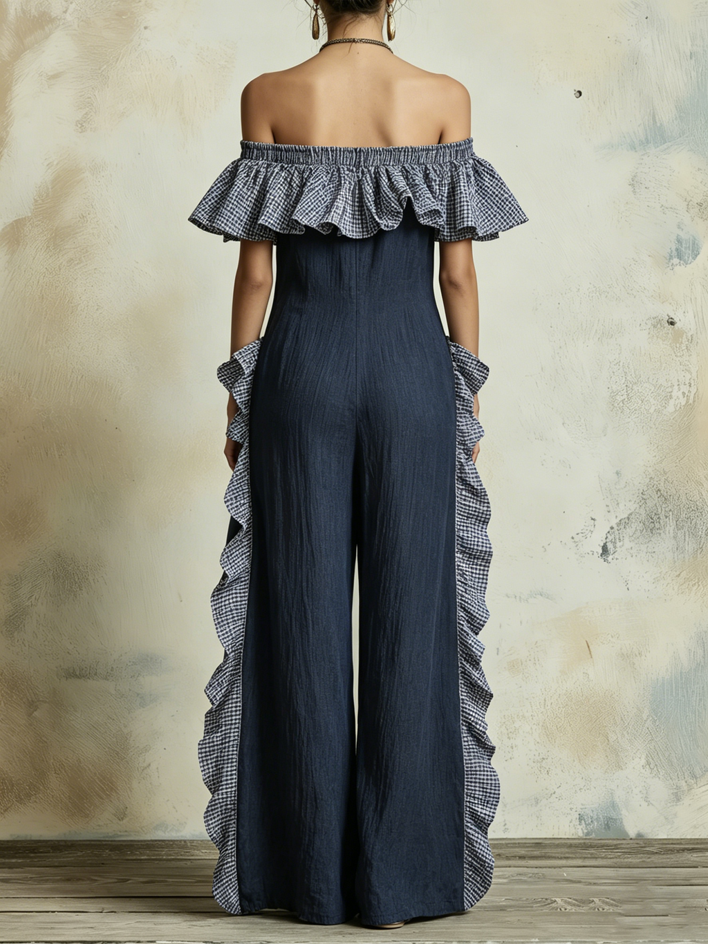 Off-Shoulder Ruffled Gingham Trim Crinkled Denim Wide-Leg Jumpsuit