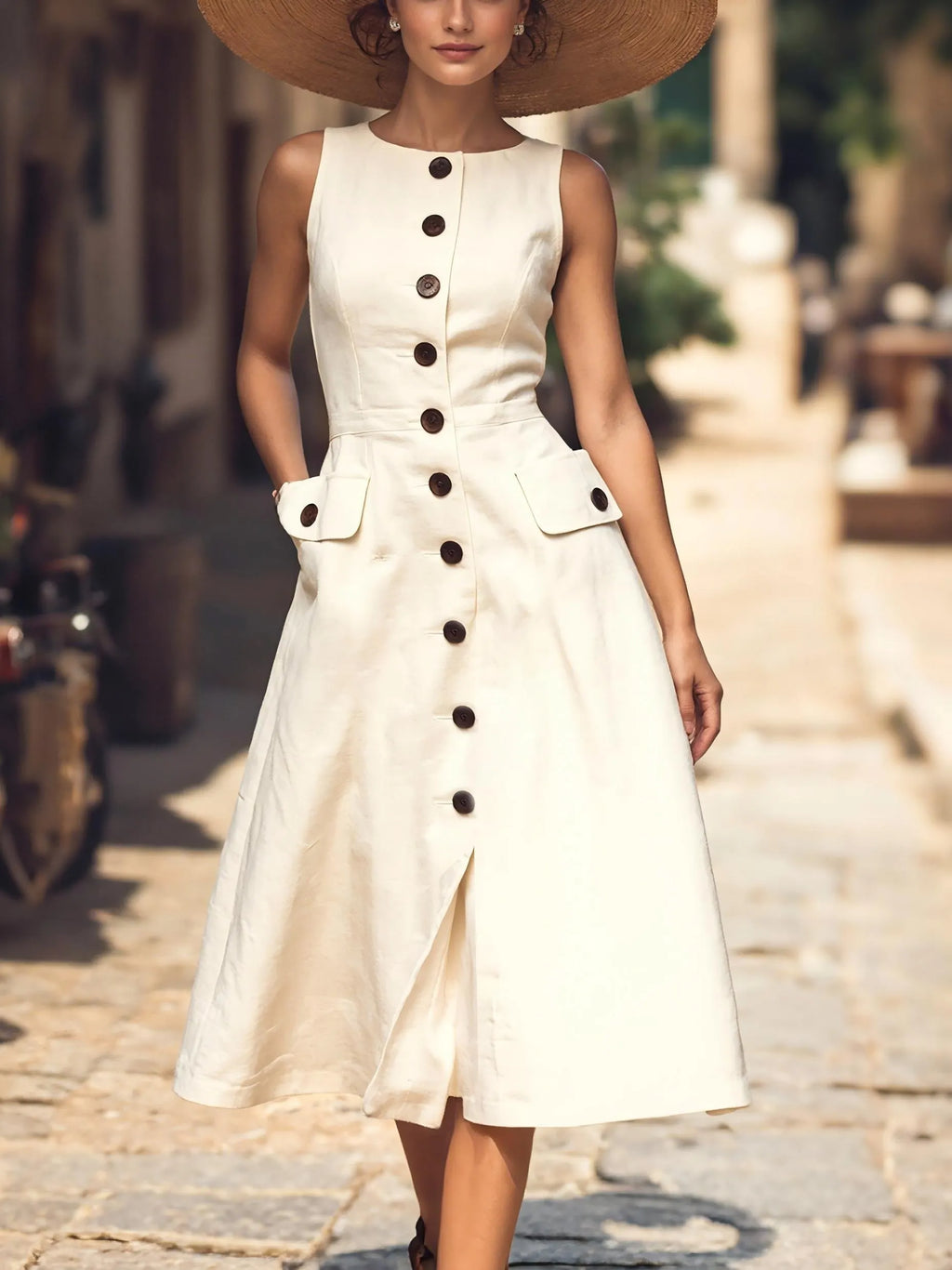Midi Linen Dress , Sleeveless, Round Neck, Plain, Button Design, French Vintage, Off White