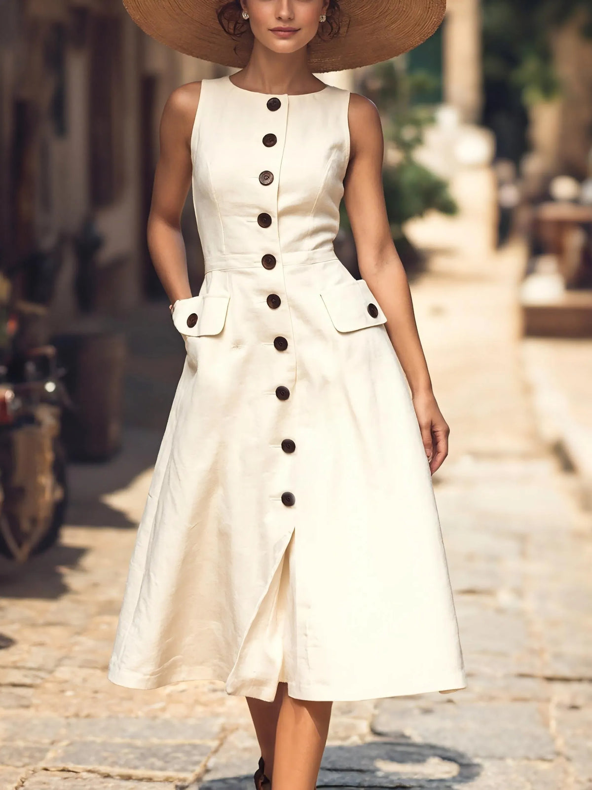 Midi Linen Dress , Sleeveless, Round Neck, Plain, Button Design, French Vintage, Off White
