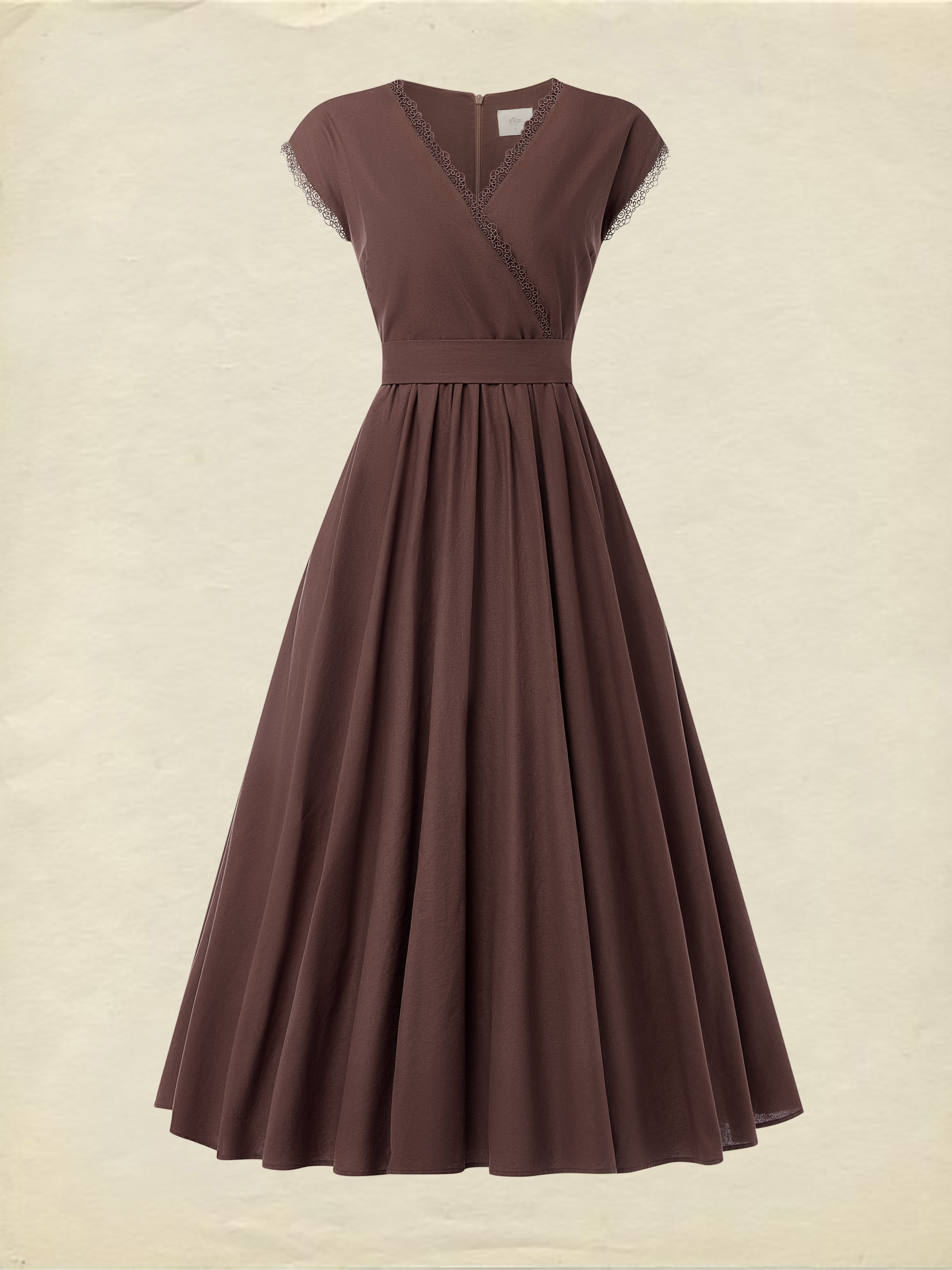 Linen Maxi Dress, Short Sleeve, Lace Collar, Plain, Vintage, CAMEO BROWN