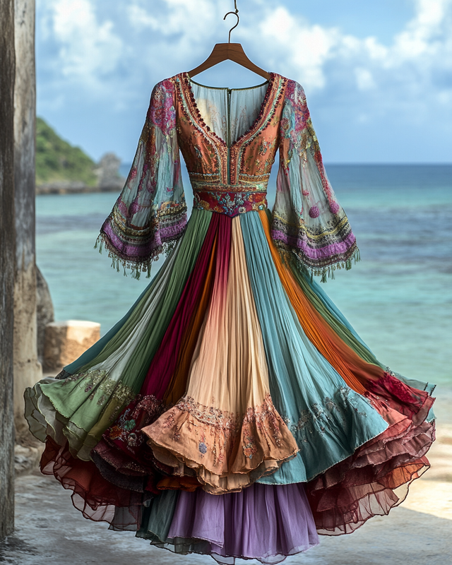 Elegant contrast color vacation rainbow maxi dress ace0