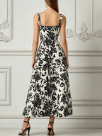 Black & White Baroque Floral Print Square Neck A-Line Midi Dress